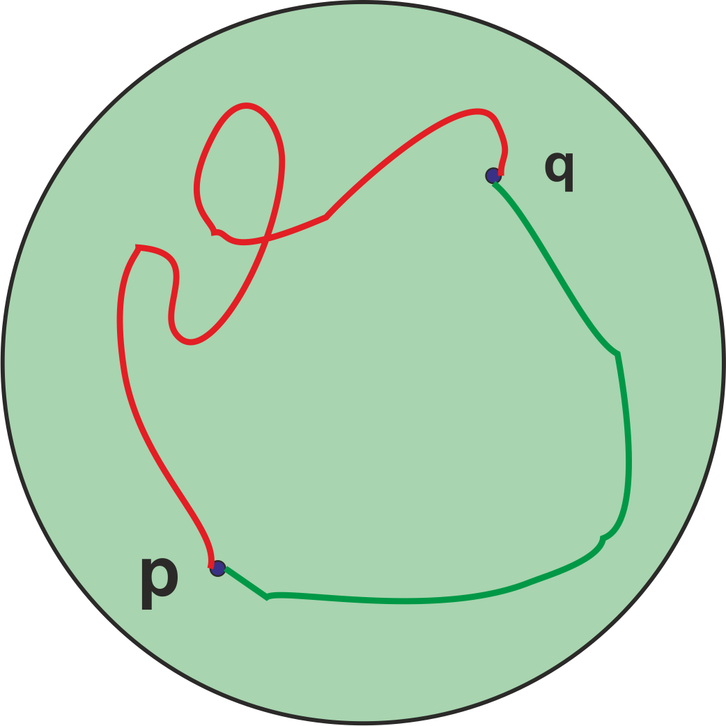 Dos caminos de p a q en un disco