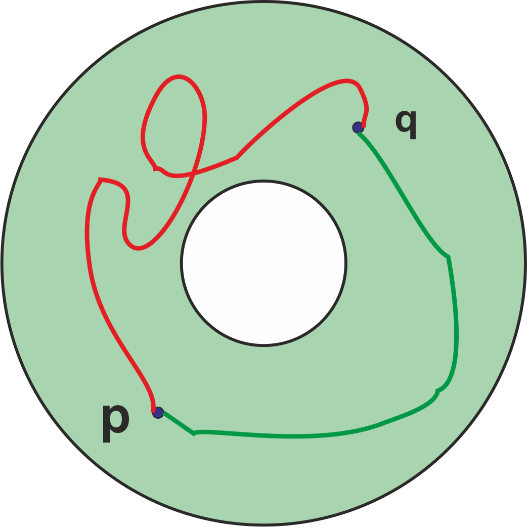 Dos caminos de p a q en una corona
